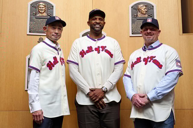 Ichiro Suzuki, CC Sabathia and Billy Wagner pose for a photo after being elected into the National Baseball Hall of Fame Class of 2025 on January 23, 2025 in Cooperstown, New York.