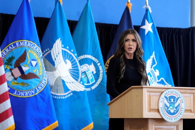 Homeland Security Secretary Kristi Noem speaks to employees at the Department of Homeland Security, Tuesday, Jan. 28, 2025, in Washington, U.S. Manuel Balce Ceneta/Pool via REUTERS/File Photo