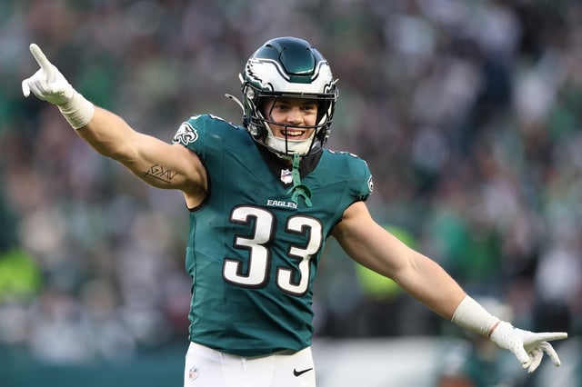 Cooper DeJean #33 of the Philadelphia Eagles reacts after a play in the fourth quarter of a game against the Carolina Panthers at Lincoln Financial Field on December 08, 2024 in Philadelphia, Pennsylvania.