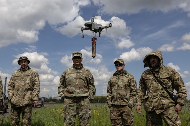 Ukrainian military learn to fly drones with bombs attached at a special school on May 12, 2023 in Lviv region Ukraine.