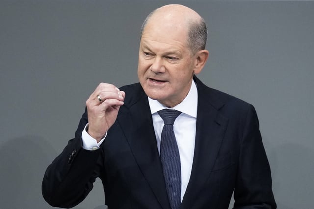 German Chancellor Olaf Scholz speaks during the last parliament session ahead of national's elections, at the Bundestag parliament in Berlin, Germany, Tuesday, Feb. 11, 2025. (AP Photo/Ebrahim Noroozi)