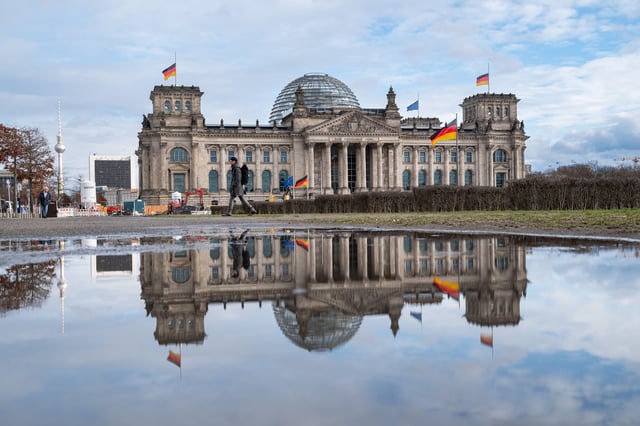 The western facade of the Reichstag building in Berlin. Credit: Olaf Schuelke / Alamy Stock Photo