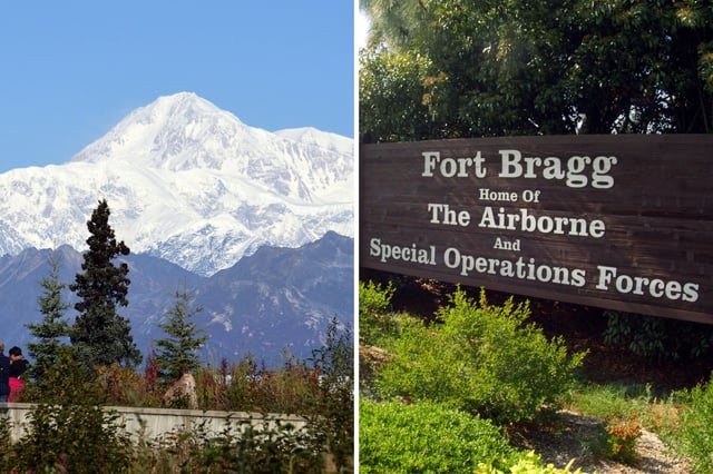 The view of Denali, since renamed Mt. McKinley, on September 1, 2015 in Denali National Park, Alaska (left) and : A sign shows Fort Bragg information May 13, 2004 in Fayettville, North Carolina (right).