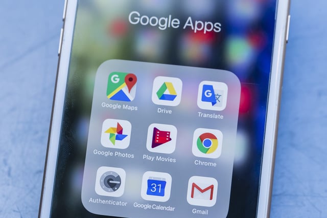 Image shows icons for the Google apps from Google Map, Google Drive, Google Translate, Google Photo, Google Play, Google Chrome, Google Authenticator, Google Calendar and Google Gmail are seen on a screen in Hong Kong, Hong Kong, on July 31, 2018.