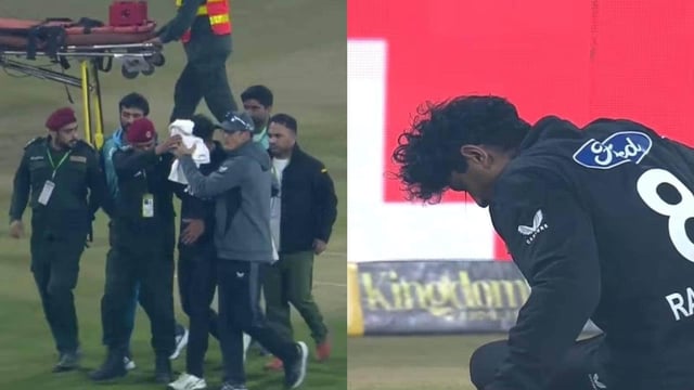 New Zealand's Rachin Ravindra (C) receives medical attention after being hit on the head by the ball during the Tri-Nation's first one-day international cricket match between Pakistan and New Zealand