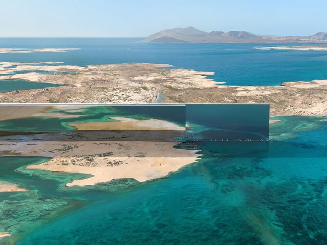 This image shows the planned design of 'The Line,' a 'vertical skyscraper' from the planned futuristic Saudi Arabian city of NEOM that cuts through the desert in the west of the country.