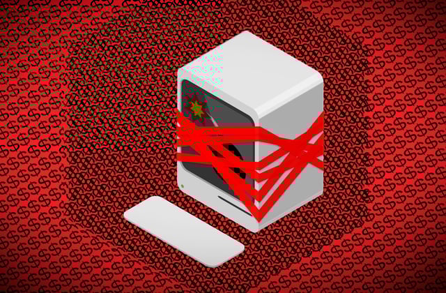 Illustration of a desktop computer wrapped in red tape
