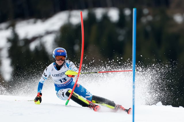 Shiffrin competes in the slalom during the team combined event.