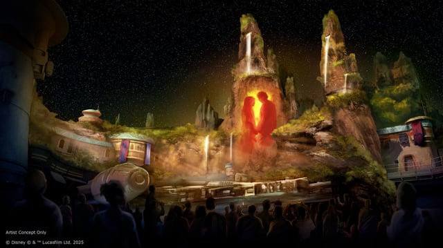 Concept art of the new “Shadows of Memory: A Skywalker Saga” projection show in Star Wars: Galaxy’s Edge at Disneyland. (Courtesy of Disney)