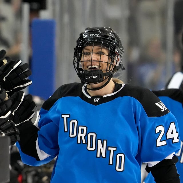 Toronto's Natalie Spooner celebrates her second goal against Ottawa with teammates on the bench during third-period PWHL action in Toronto, Sunday, May 5, 2024. THE CANADIAN PRESS/Frank Gunn