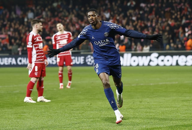 Soccer Football - Champions League - Knockout Phase Playoff - First Leg - Brest v Paris St Germain - Stade de Roudourou, Guingamp, France - February 11, 2025 Paris St Germain's Ousmane Dembele celebrates scoring their second goal REUTERS/Stephane Mahe
