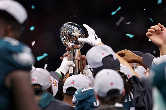Feb 9, 2025; New Orleans, LA, USA; A detail view as the Philadelphia Eagles lift the Vince Lombardi Trophy after winning Super Bowl LIX against the Kansas City Chiefs at Caesars Superdome. Mandatory Credit: Bill Streicher-Imagn Images/File Photo