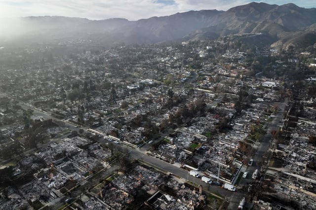 Destroyed homes are seen in the Pacific Palisades community, as seen on Feb. 3. The FAIR Plan, California&#39;s insurer of last resort, has run out of funds to pay claims due to the Los Angeles fires.