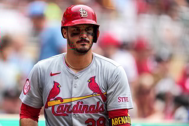 MINNEAPOLIS, MN - AUGUST 25: Nolan Arenado #28 of the St. Louis Cardinals looks on against the Minnesota Twins on August 25, 2024 at Target Field in Minneapolis, Minnesota.