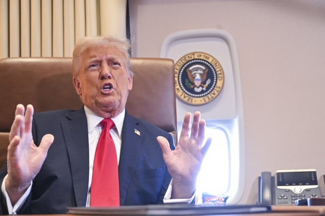 US President Donald Trump speaks to the press after signing a proclamation renaming the Gulf of Mexico as the Gulf of America aboard Air Force One, as it flies over the Gulf enroute to New Orleans, Louisiana on Febrary 09, 2025. For years, as disputes over names on the map riled up nationalist passions in several parts of the world, US policymakers have watched warily, trying to stay out or to quietly encourage peace. Suddenly, the United States has gone from a reluctant arbiter to a nomenclature belligerent, as President Donald Trump declared that the Gulf of Mexico will henceforth be called the &#34;Gulf of America.&#34; In an executive order signed hours after he returned to the White House, Trump called the water body an &#34;indelible part of America&#34; critical to US oil production and fishing and &#34;a favorite destination for American tourism and recreation activities.&#34;