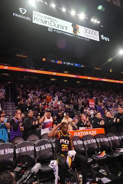 Feb 11, 2025; Phoenix, Arizona, USA; Homage is paid to Phoenix Suns forward Kevin Durant (35) during the second half of the game against the Memphis Grizzlies after amassing 30,000 career points at Footprint Center. Mandatory Credit: Joe Camporeale-Imagn Images
