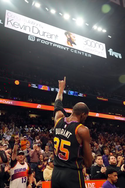 Feb 11, 2025; Phoenix, Arizona, USA; Homage is paid to Phoenix Suns forward Kevin Durant (35) during the second half of the game against the Memphis Grizzlies after amassing 30,000 career points at Footprint Center. Mandatory Credit: Joe Camporeale-Imagn Images