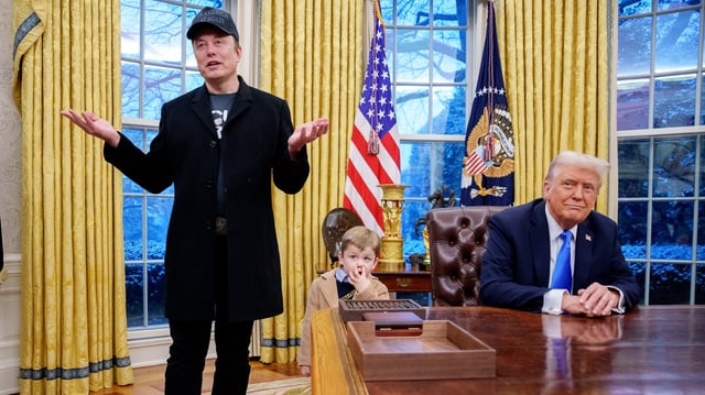 WASHINGTON, DC - FEBRUARY 11: Tesla and SpaceX CEO Elon Musk, accompanied by U.S. President Donald Trump (R), and his son X Musk, speaks during an executive order signing in the Oval Office at the White House on February 11, 2025 in Washington, DC. Trump is to sign an executive order implementing the Department of Government Efficiency&#39;s (DOGE) &#34;workforce optimization initiative,&#34; which, according to Trump, will encourage agencies to limit hiring and reduce the size of the federal government. (Photo by Andrew Harnik/Getty Images)