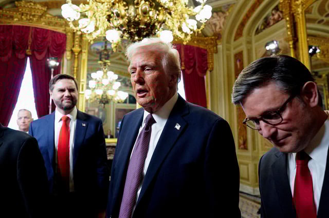 Newly sworn-in President Donald Trump speaks with House Speaker Mike Johnson (R-La.) following a signing ceremony in the President?s Room following the 60th inaugural ceremony on January 20, 2025, at the US Capitol in Washington, DC. Melina Mara/Pool via REUTERS/File Photo