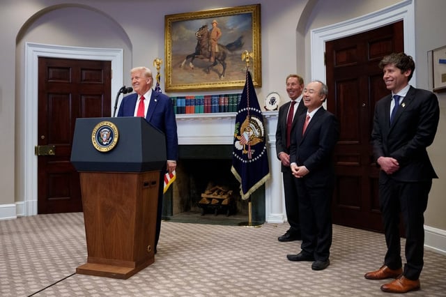 US President Donald Trump announces the Stargate Project – accompanied, from left, by Oracle chairman Larry Ellison, SoftBank Group Corp chief executive Masayoshi Son and OpenAI chief executive Sam Altman – in a press conference at the White House on January 21, 2025. Photo: TNS
