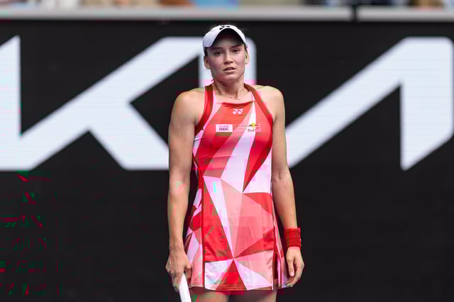 Jan 20, 2025; Melbourne, Victoria, Australia; Elena Rybakina of Kazakhstan gestures during her match against Madison Keys of United States of America in the fourth round of the women's singles at the 2025 Australian Open at Melbourne Park. Mike Frey-Imagn Images/ File Photo