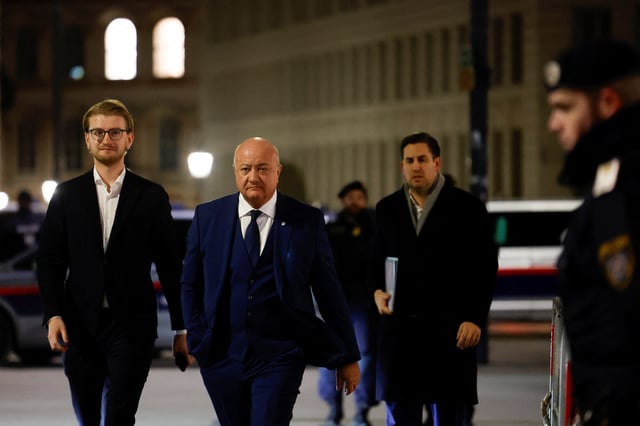 Head of People's Party (OEVP) Christian Stocker walks on his way to the presidential office in Hofburg Palace to meet the Austrian President Alexander van der Bellen in Vienna, Austria, February 11, 2025. REUTERS/Lisa Leutner