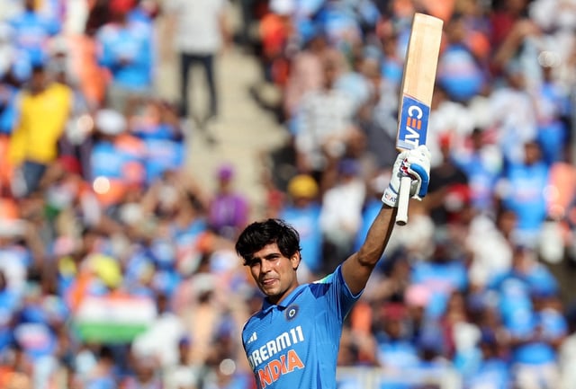 Cricket - Second One Day International - India v England - Narendra Modi Stadium, Ahmedabad, India - February 12, 2025 India's Shubman Gill celebrates after reaching his century REUTERS/Amit Dave