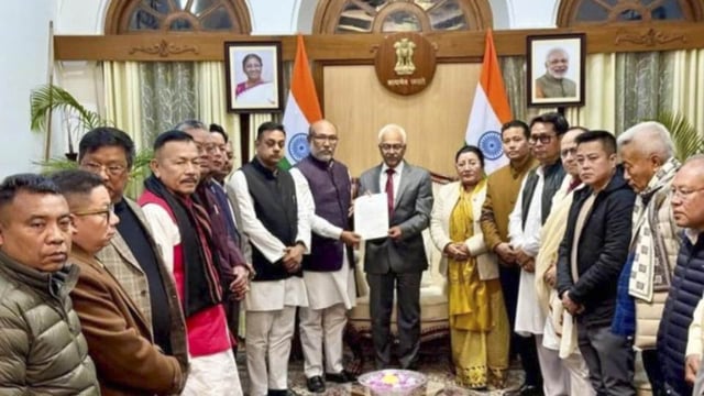Manipur Chief Minister N Biren Singh submits his resignation to Governor AK Bhalla, in Imphal, on Sunday.