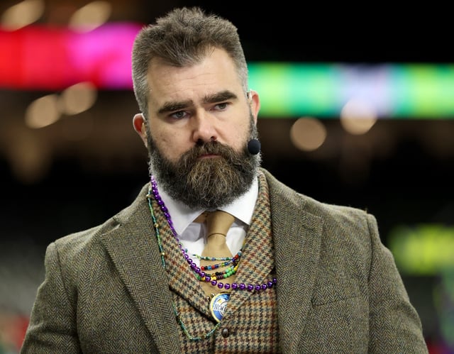 Jason Kelce, ESPN analyst, looks on ahead of Super Bowl LIX between the Kansas City Chiefs and Philadelphia Eagles at Caesars Superdome in New Orleans, Louisiana.