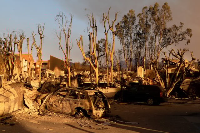 A view shows the remains of vehicles and businesses burned in the Palisades Fire in the Pacific Palisades neighborhood in Los Angeles, California, U.S. January 11, 2025. REUTERS/David Ryder/File Photo