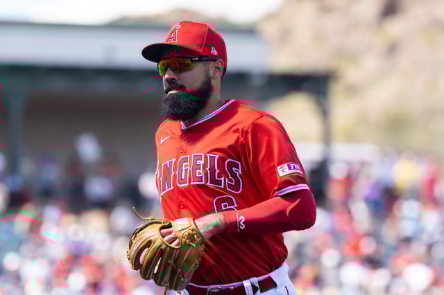 Mar 19, 2024; Tempe, Arizona, USA; Los Angeles Angels third baseman Anthony Rendon against the Cincinnati Reds during a spring training game at Tempe Diablo Stadium. Mandatory Credit: Mark J. Rebilas-USA TODAY Sports/File Photo