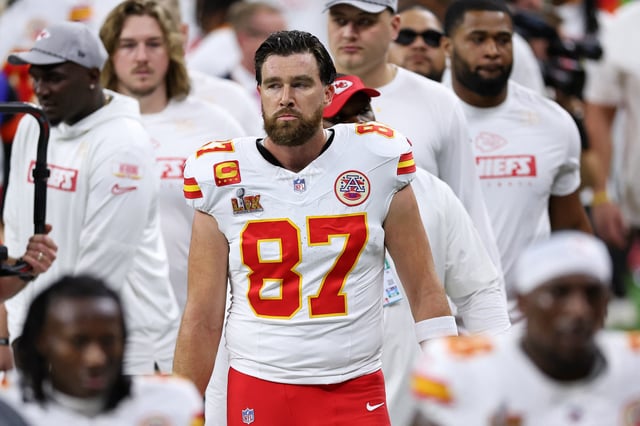Feb 9, 2025; New Orleans, LA, USA; Kansas City Chiefs tight end Travis Kelce (87) looks on before Super Bowl LIX between the Philadelphia Eagles and the Kansas City Chiefs at Caesars Superdome. Mandatory Credit: Bill Streicher-Imagn Images/File Photo