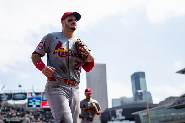MINNEAPOLIS, MN - AUGUST 25: Nolan Arenado #28 of the St. Louis Cardinals looks on against the Minnesota Twins on August 25, 2024 at Target Field in Minneapolis, Minnesota.