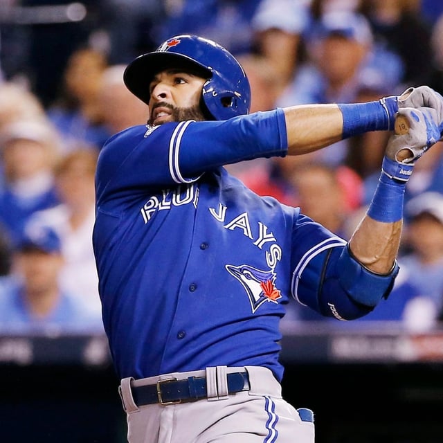 Toronto Blue Jays' Jose Bautista watches his solo home run against the Kansas City Royals during the fourth inning in Game 6 of baseball's American League Championship Series on Friday, Oct. 23, 2015, in Kansas City, Mo.  Bautista feels the 2015 and 2016 Blue Jays seasons provided the most joy in his highlight-filled career. But eight years later, the way the 2015 American League Championship Series ended against the Royals still stings. THE CANADIAN PRESS/AP/Matt Slocum