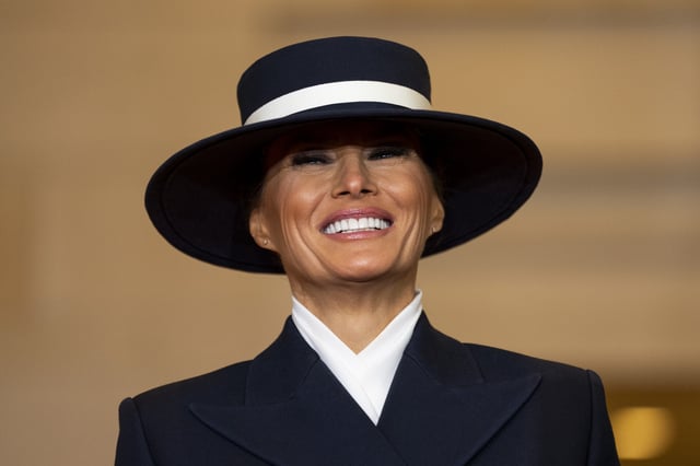 First lady Melania Trump looks on as her husband U.S. President Donald Trump (not pictured) addresses guests and supporters in an overflow room in Emancipation Hall after his inauguration at the U.S Capitol on January 20, 2025 in Washington, DC. Donald Trump takes office for his second term as the 47th President of the United States.