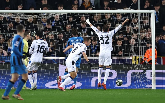 Soccer Football - Champions League - Knockout Phase Playoff - First Leg - Club Brugge v Atalanta - Jan Breydel Stadium, Bruges, Belgium - February 12, 2025 Atalanta's Mario Pasalic celebrates scoring their first goal REUTERS/Yves Herman