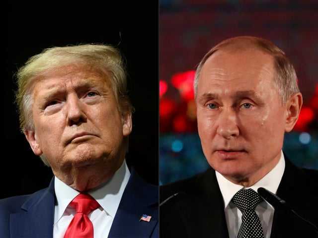 (COMBO) This combination of pictures created on February 21, 2020 shows US President Donald Trump delivers remarks at a Keep America Great rally in Phoenix, Arizona, on February 19, 2020. Russian President Vladimir Putin delivers a speech during a ceremony in Jerusalem on January 23, 2020 commemorating the people of Leningrad during the Second World War Nazi siege on the city.