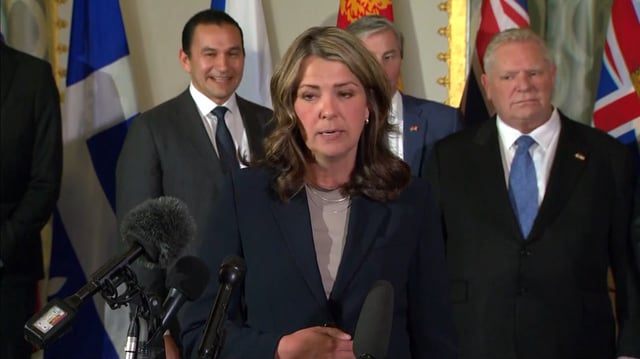 Alberta Premier Danielle Smith speaks to reporters in Washington where she and other Premiers were meeting with American lawmakers to discuss U.S. President Donald Trump's tariff threats.