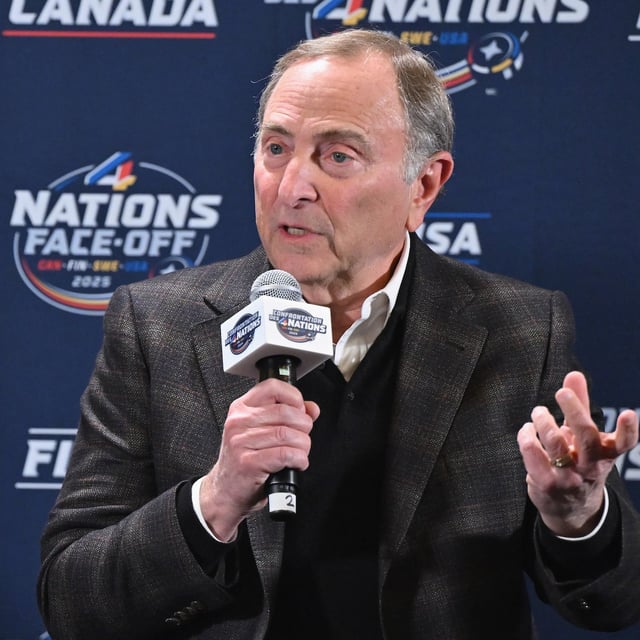 MONTREAL, QUEBEC - FEBRUARY 12: NHL Commissioner Gary Bettman speaks to the media prior to the game during the NHL 4 Nations Face-Off at Bell Centre on February 12, 2025 in Montreal, Quebec. (Photo by Minas Panagiotakis/Getty Images)