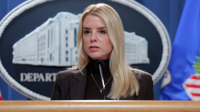 U.S. Attorney General Pam Bondi arrives to a news conference at the Department of Justice Building on February 12, 2025 in Washington, DC.