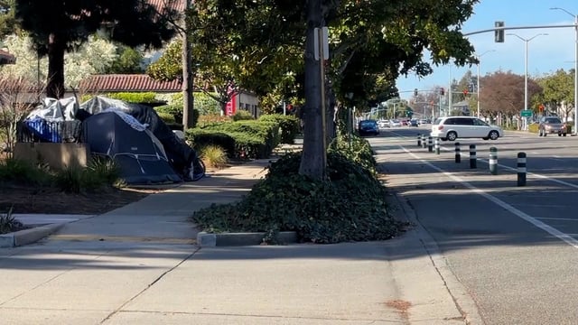 Homeless encampments are seen in Fermont, California on February 12, 2025.