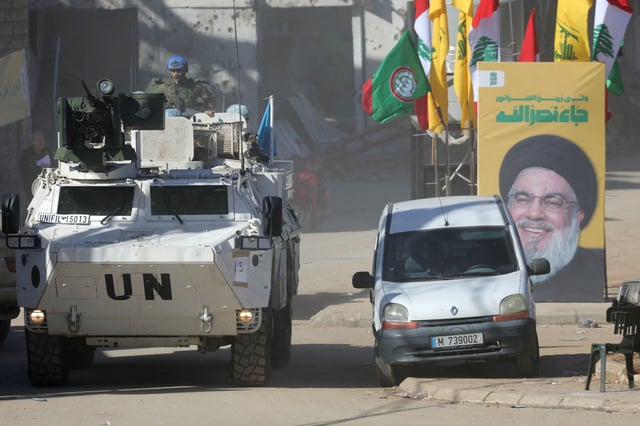 A vehicle of the UNIFIL peacekeeping mission in Lebanon drives next to a roundabout in the southern Lebanese village of al-Taybeh, near the border with Israel, on Feb. 4.