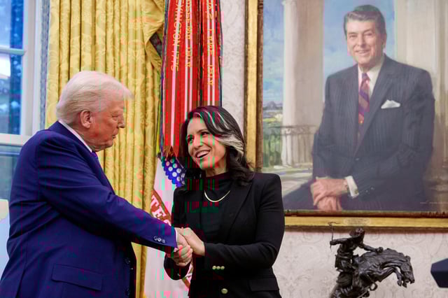 Tulsi Gabbard shakes hands with U.S. President Donald Trump in the Oval Office at the White House on February 12, 2025 in Washington, DC.