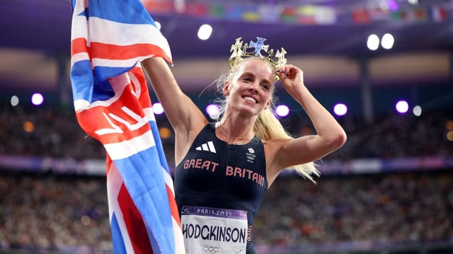Hodgkinson celebrates winning 800m gold at the Paris Olympics last summer