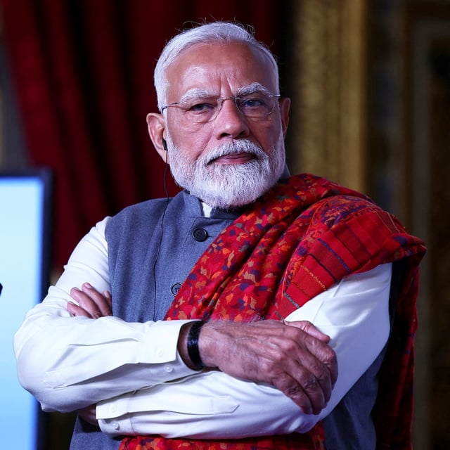 Indian Prime Minister Narendra Modi listens during the closing session of the Franco-Indian Economic Forum at the Quai d'Orsay on the sidelines of the Artificial Intelligence Action Summit in Paris, Tuesday, Feb. 11, 2025. (Abdul Saboor, Pool Photo via AP)