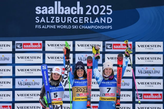 (From L) Second-placed Alice Robinson, winner Federica Brignone and third-placed Paula Moltzan