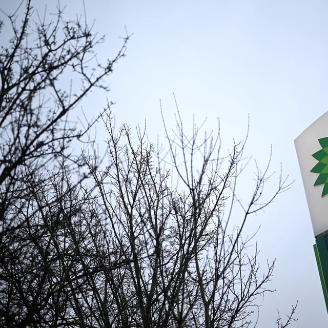 A photograph taken on February 11, 2025 shows the logo of the multi-national oil and gas company BP (British Petroleum) at a petrol station in Orpington, east London.