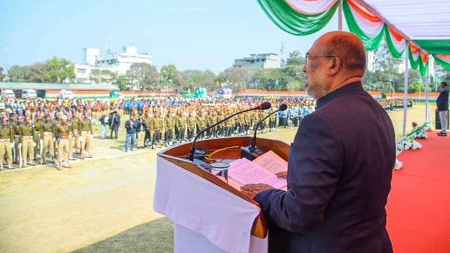 Former Manipur Chief Minister N. Biren Singh addresses during the 76th Republic Day celebrations, at Manipur Rifles Ground in Imphal. (file)