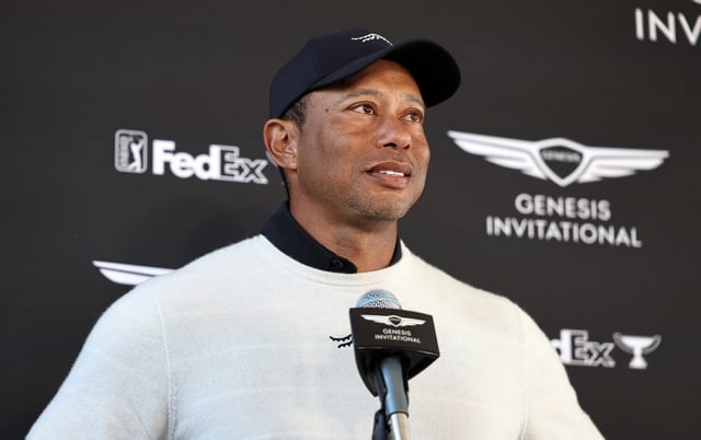 Tiger Woods speaks to the press at the 2024 Genesis Invitational, Riviera Country Club.
