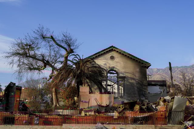 A view of a burned-out home after the Eaton Fire swept through Altadena, California, on February 2, 2025.